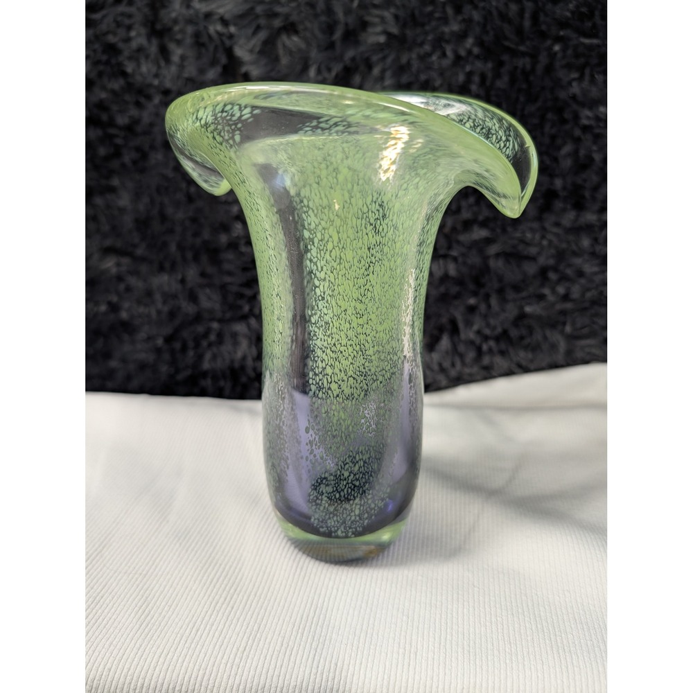 Vintage Teleflora Art Glass Vase Purple Green Speckled Flared Ruffle Rim 8 Inch
